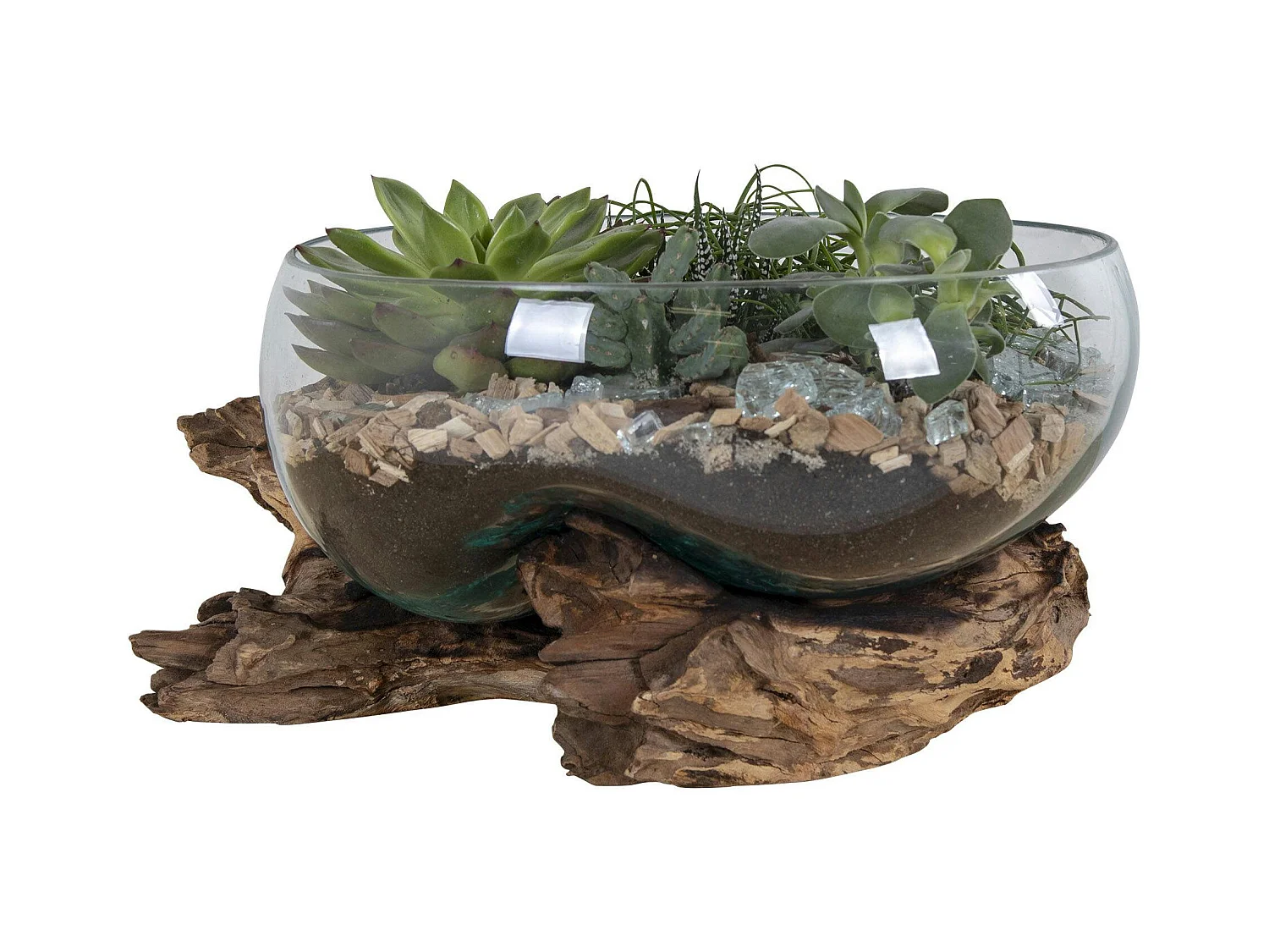 Petit vase verre soufflé et racine teck, artisanal ARIZONA