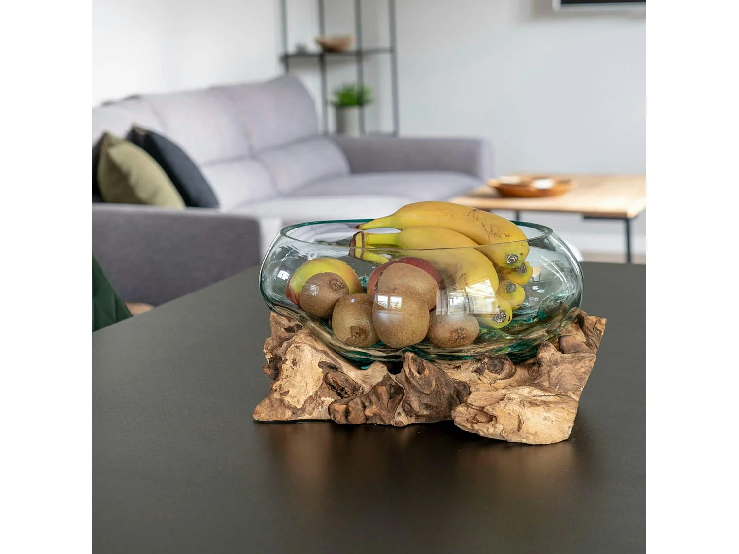 Petit vase verre soufflé et racine teck, artisanal ARIZONA