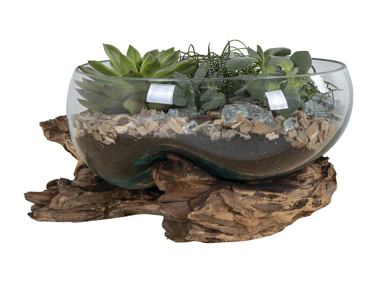 Petit vase verre soufflé et racine teck, artisanal ARIZONA