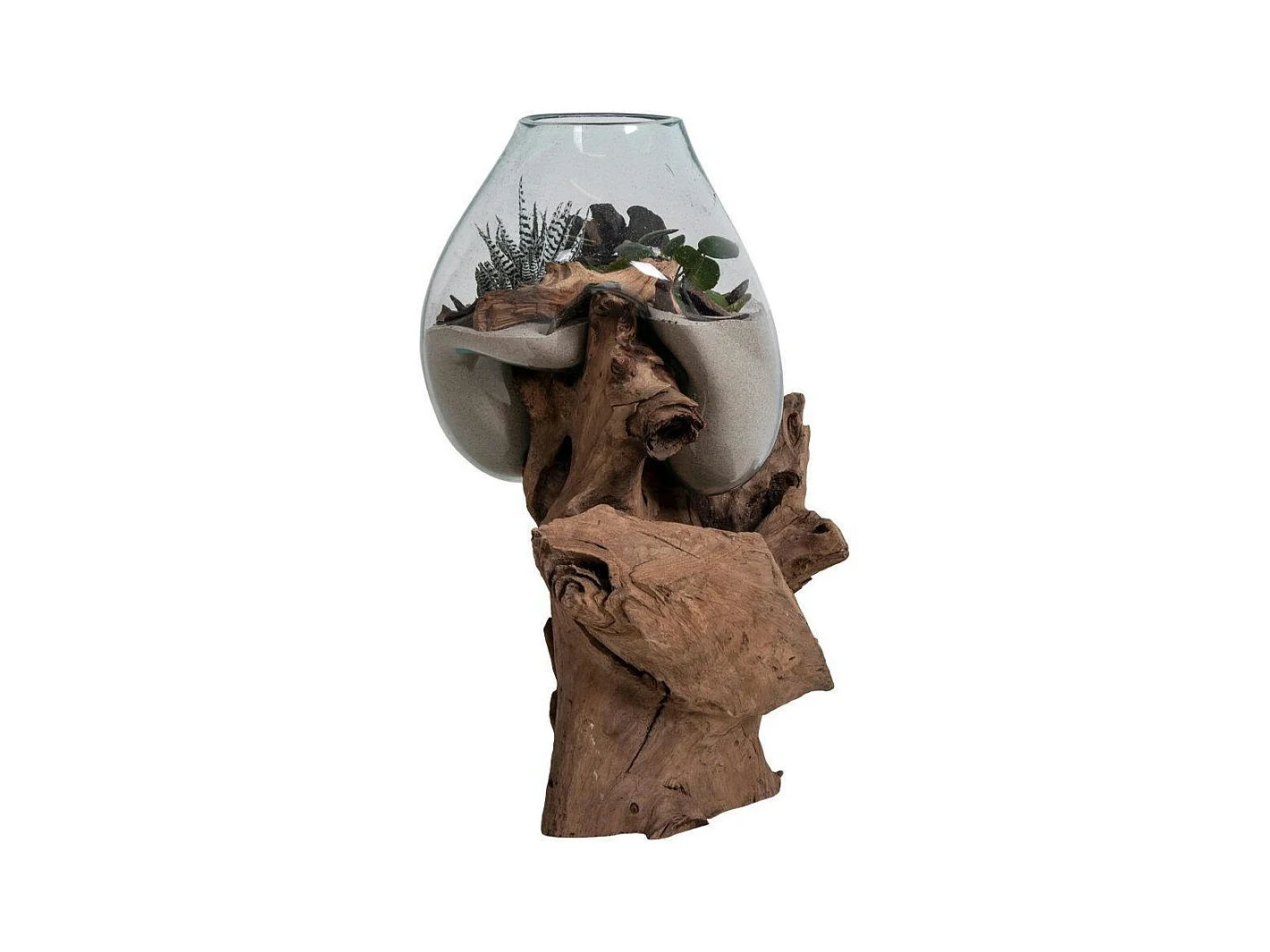 Vase verre soufflé et racine teck, artisanal H 50 cm ARIZONA