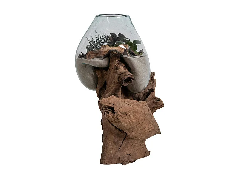 Vase verre soufflé et racine teck, artisanal H 50 cm ARIZONA