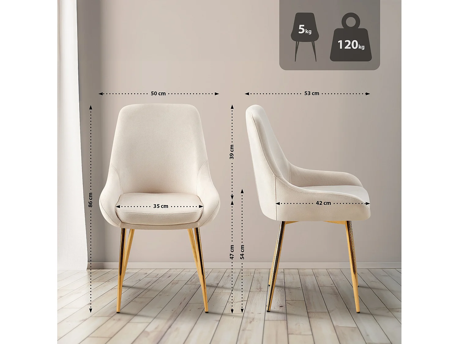 Lot de 2  chaise salle à manger - Velours - Crème - Elmira