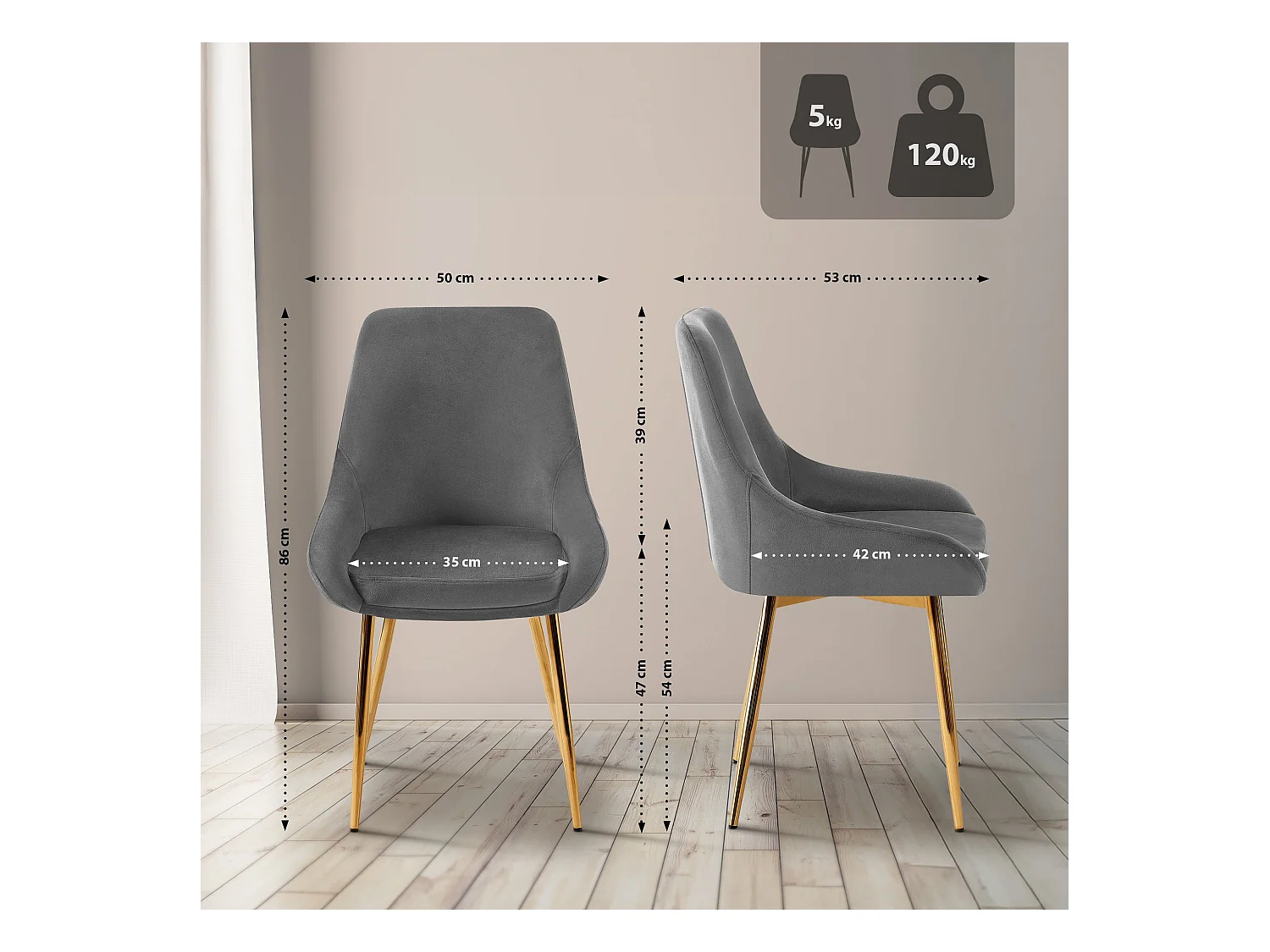 Lot de 2  chaise salle à manger - Velours - Gris foncé - Elmira