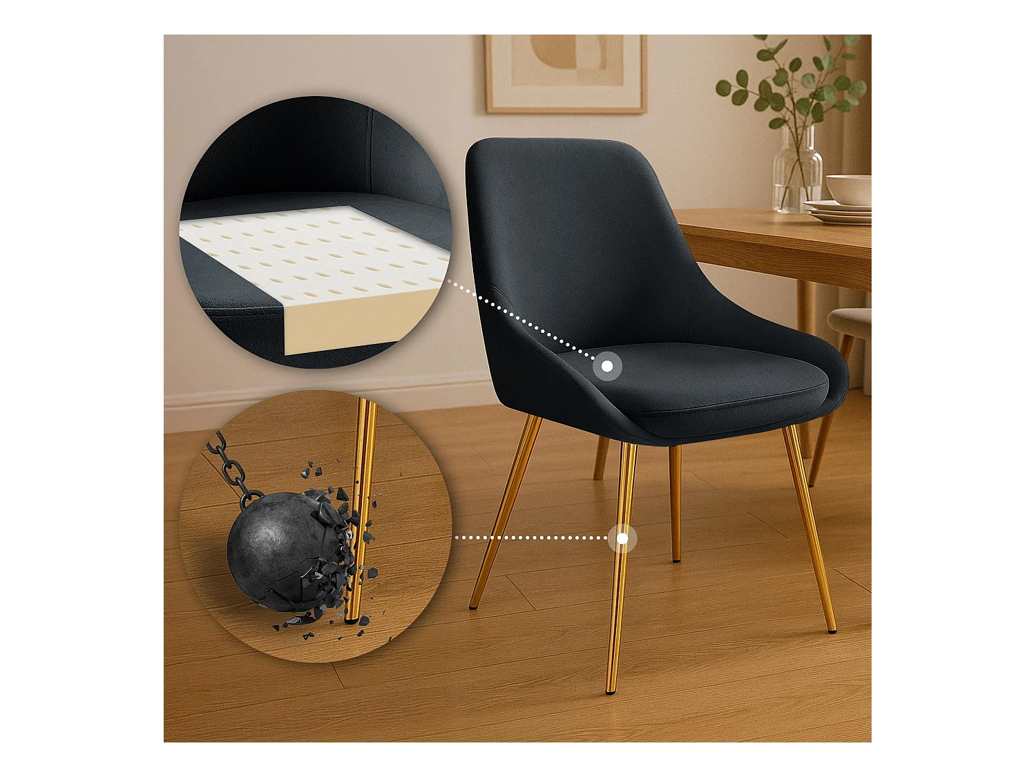 Lot de 2  chaise salle à manger - Velours - Noir - Elmira