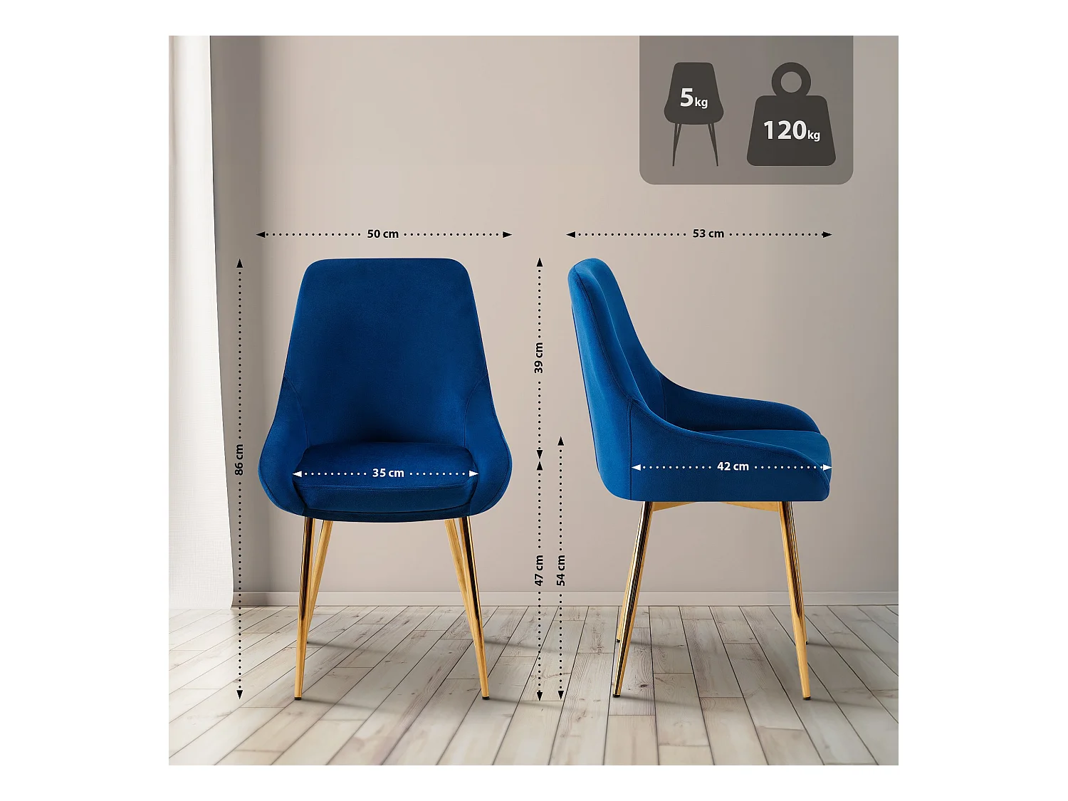 Lot de 2  chaise salle à manger - Velours - Bleu foncé - Elmira