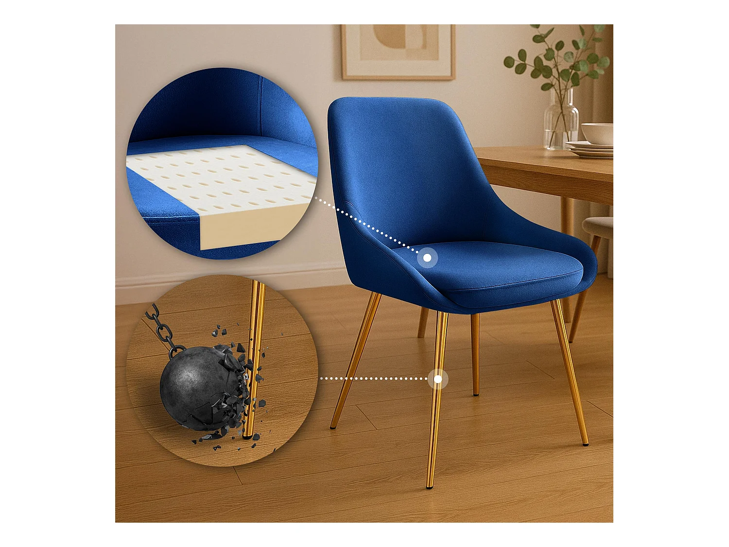 Lot de 2  chaise salle à manger - Velours - Bleu foncé - Elmira