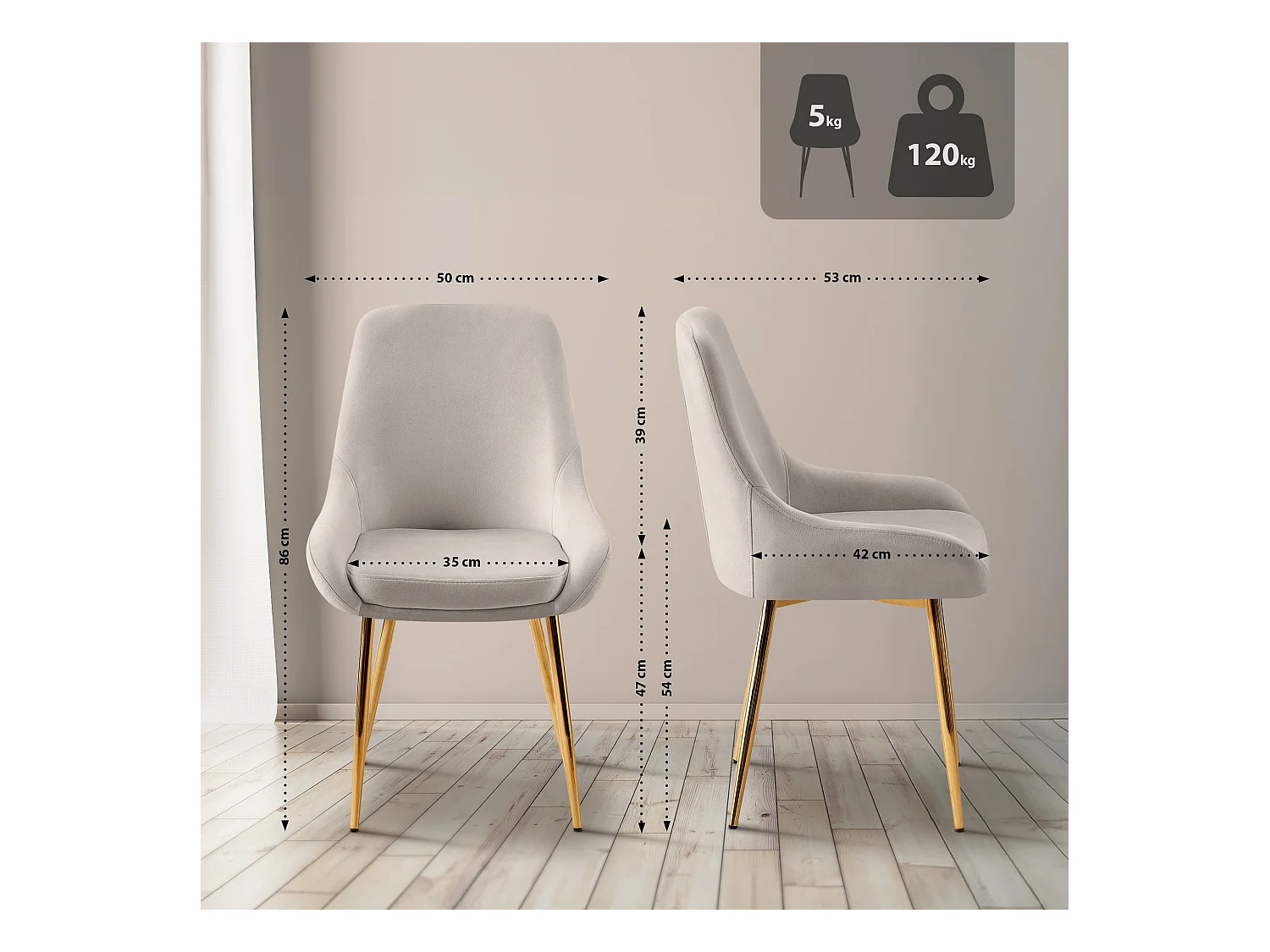 Lot de 2  chaise salle à manger - Velours - Gris - Elmira