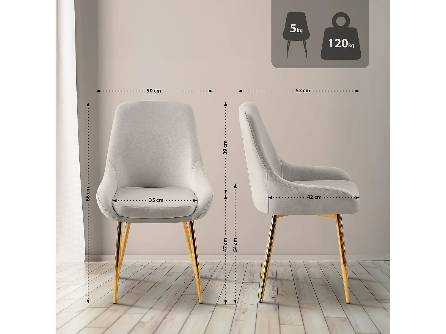 Lot de 2  chaise salle à manger - Velours - Gris - Elmira