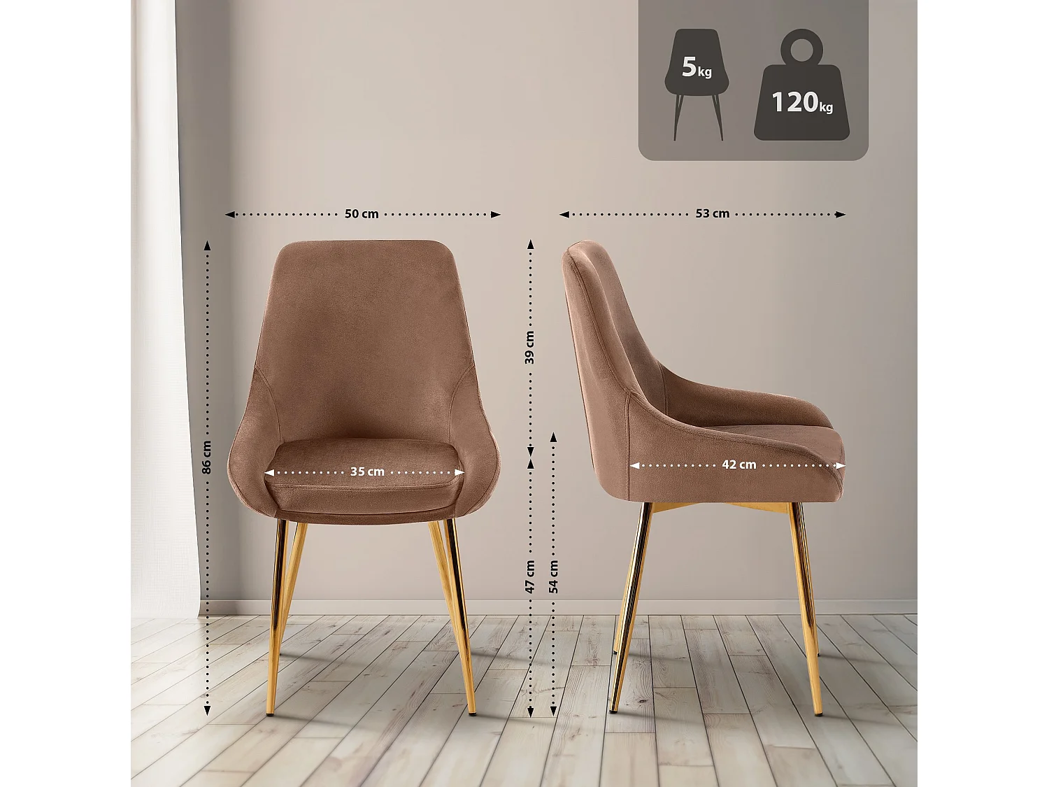 Lot de 2  chaise salle à manger - Velours - Marron - Elmira