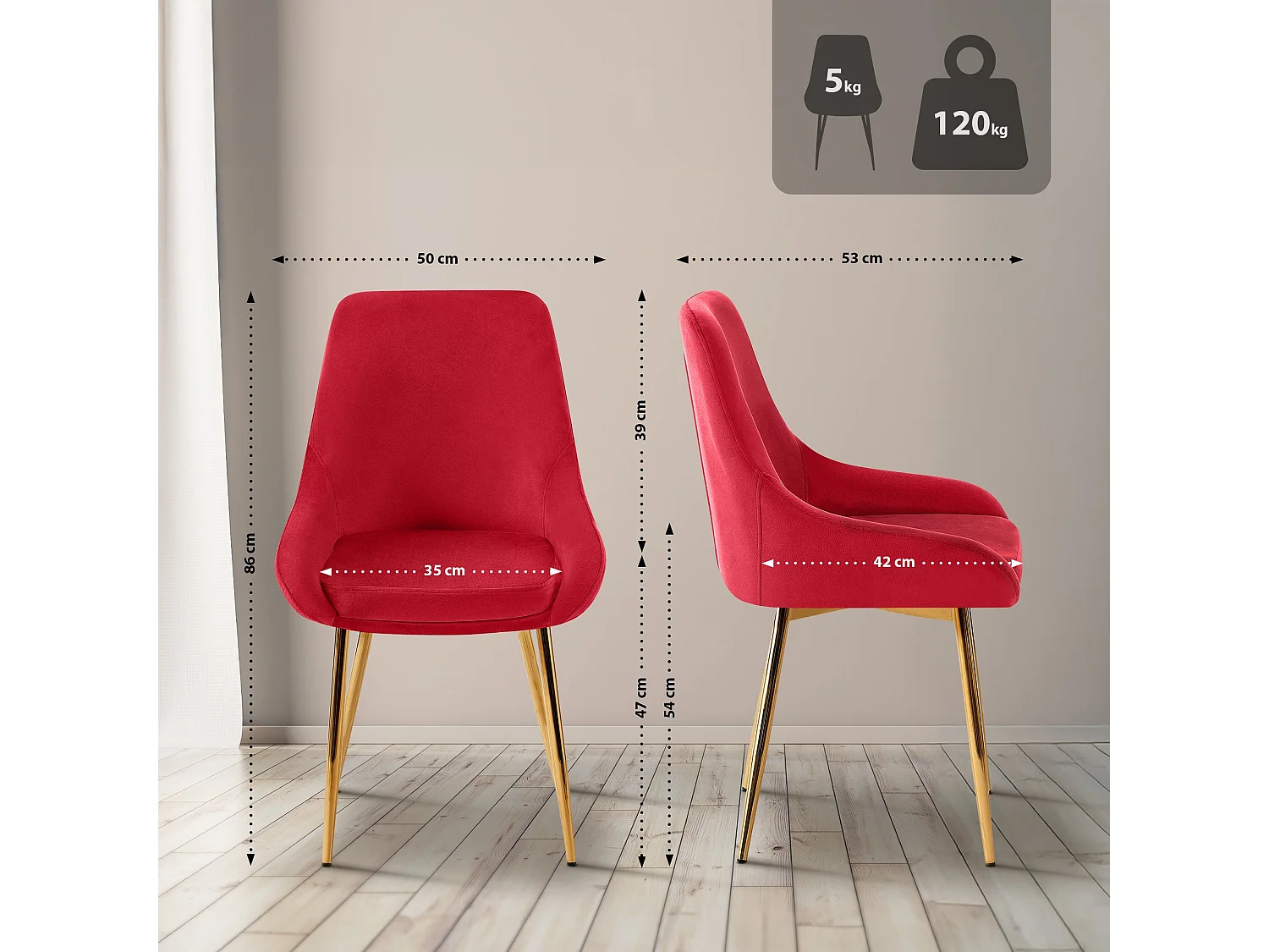 Lot de 2  chaise salle à manger - Velours - Rouge - Elmira