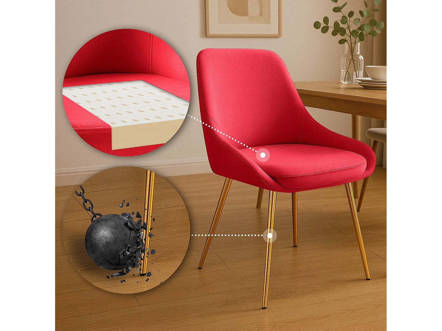 Lot de 2  chaise salle à manger - Velours - Rouge - Elmira