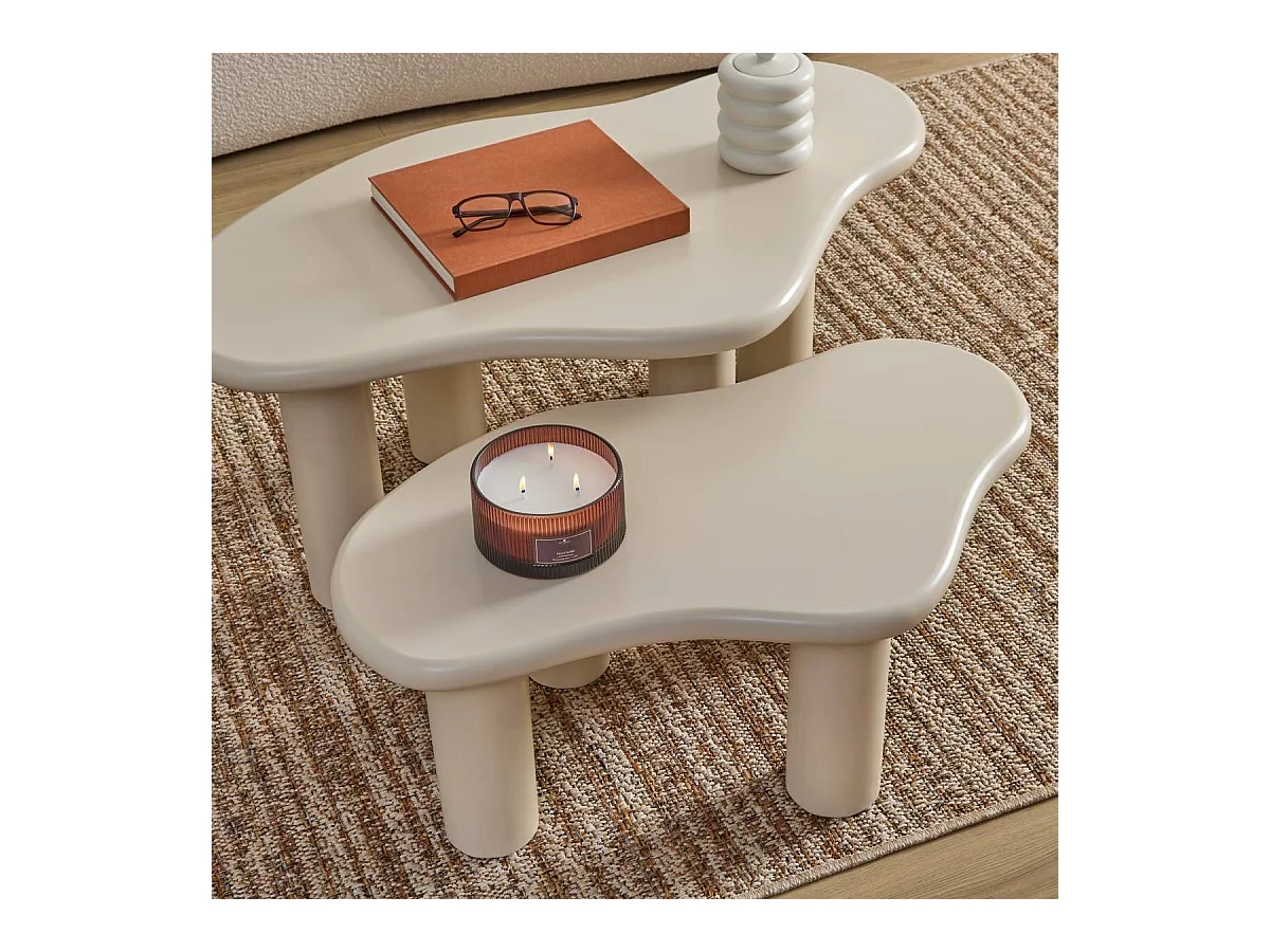 Lot de 2 tables basse coloris ivoire - Longueur 80/100 x largeur 46,5/60 x Hauteur 30/40 cm