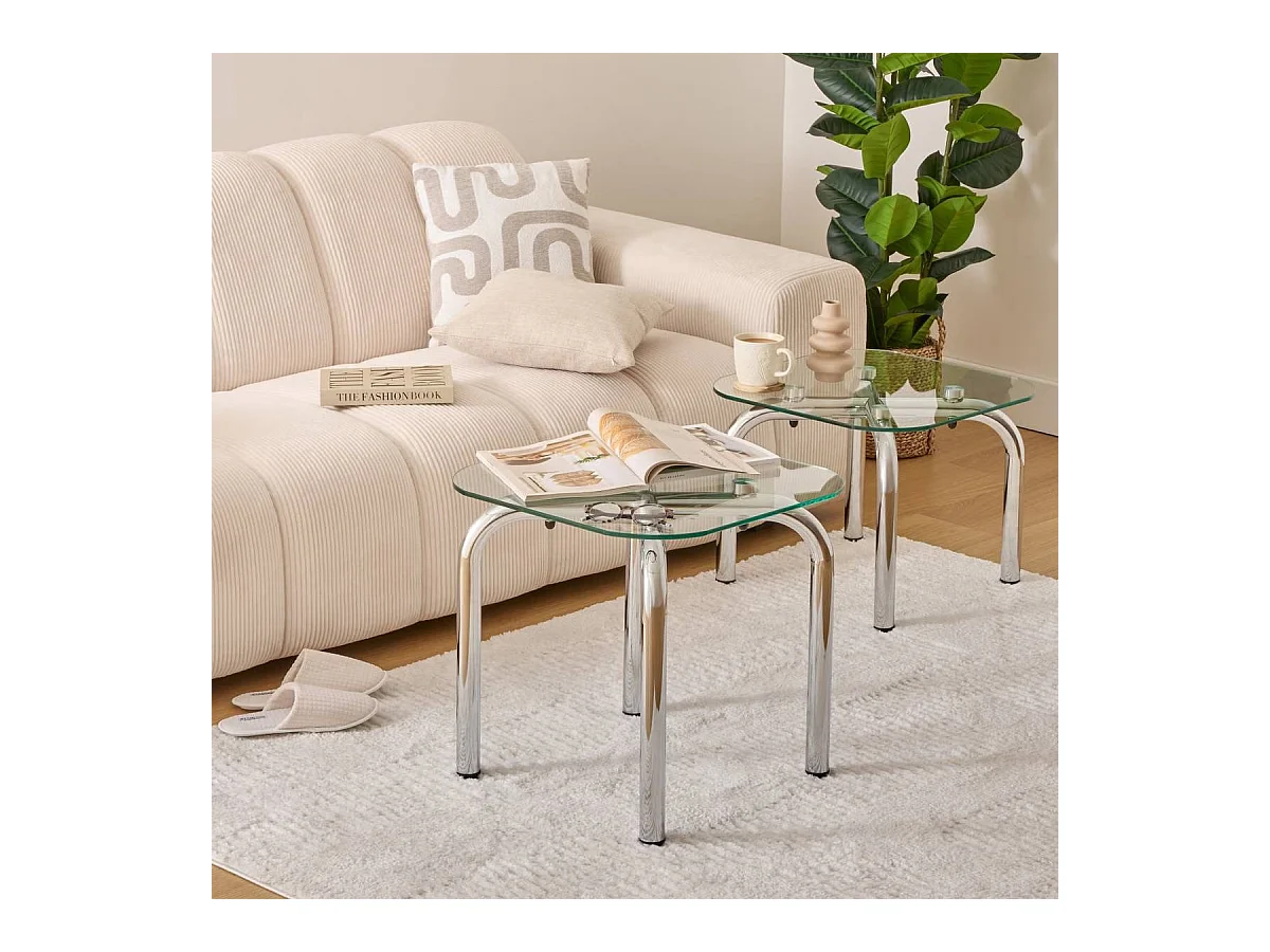 Lot de 2 tables basse en verre et métal chromé - Longueur 50 x largeur.50 x Hauteur 49,5/39,5 cm