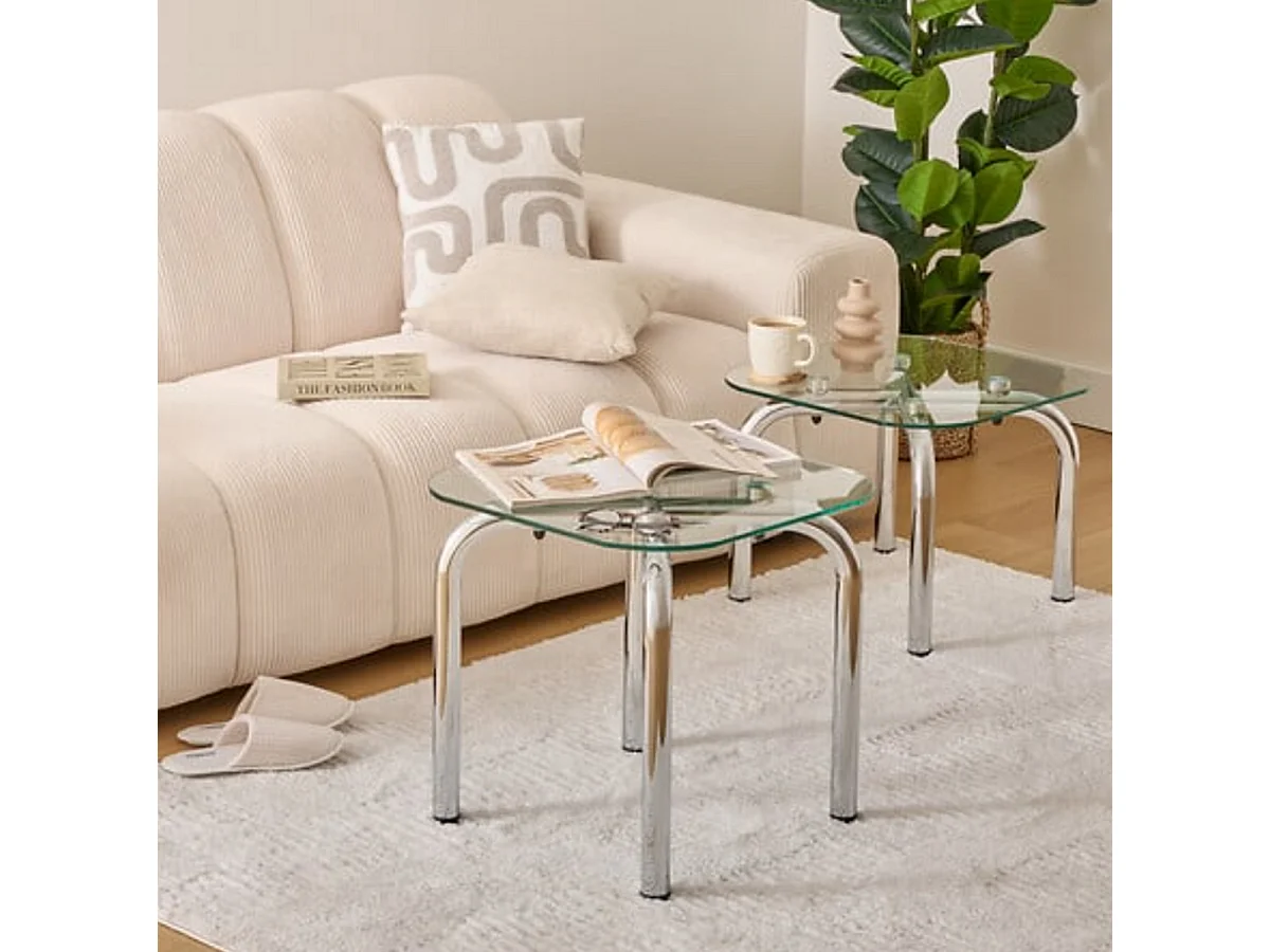 Lot de 2 tables basse en verre et métal chromé - Longueur 50 x largeur.50 x Hauteur 49,5/39,5 cm