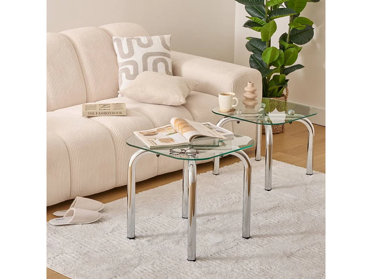 Lot de 2 tables basse en verre et métal chromé - Longueur 50 x largeur.50 x Hauteur 49,5/39,5 cm