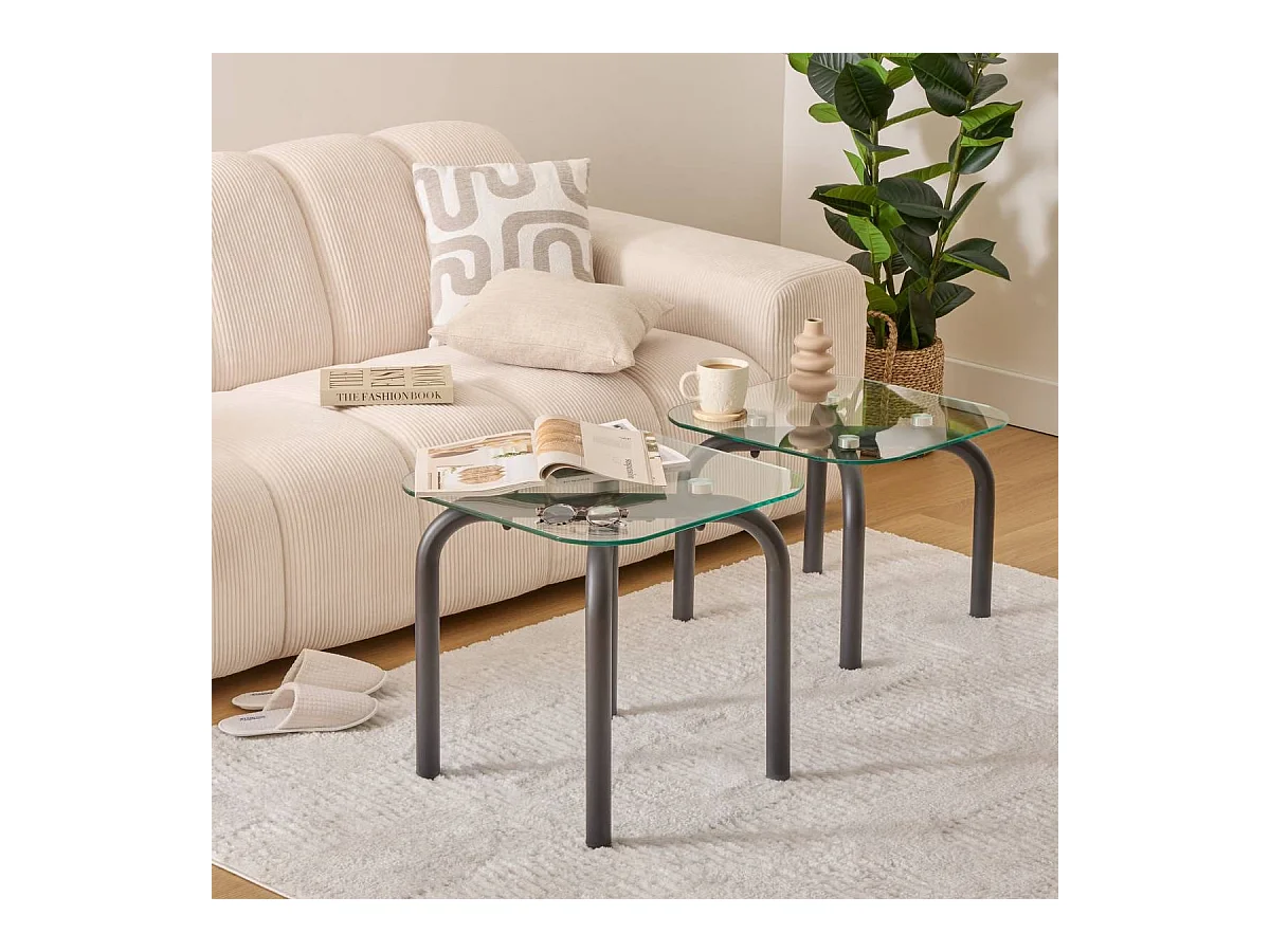 Lot de 2 tables basse en verre et métal noir - Longueur 50 x largeur.50 x Hauteur 49,5/39,5 cm