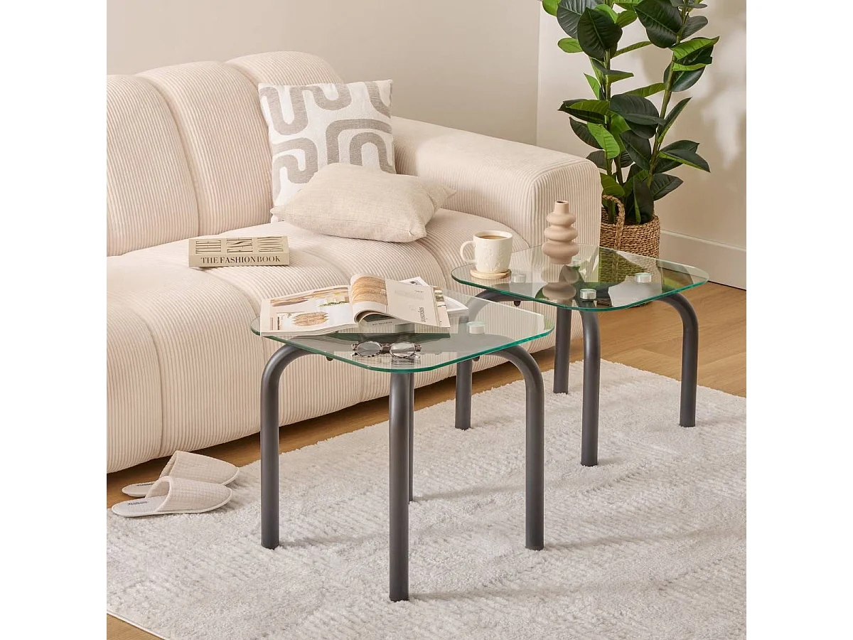 Lot de 2 tables basse en verre et métal noir - Longueur 50 x largeur.50 x Hauteur 49,5/39,5 cm