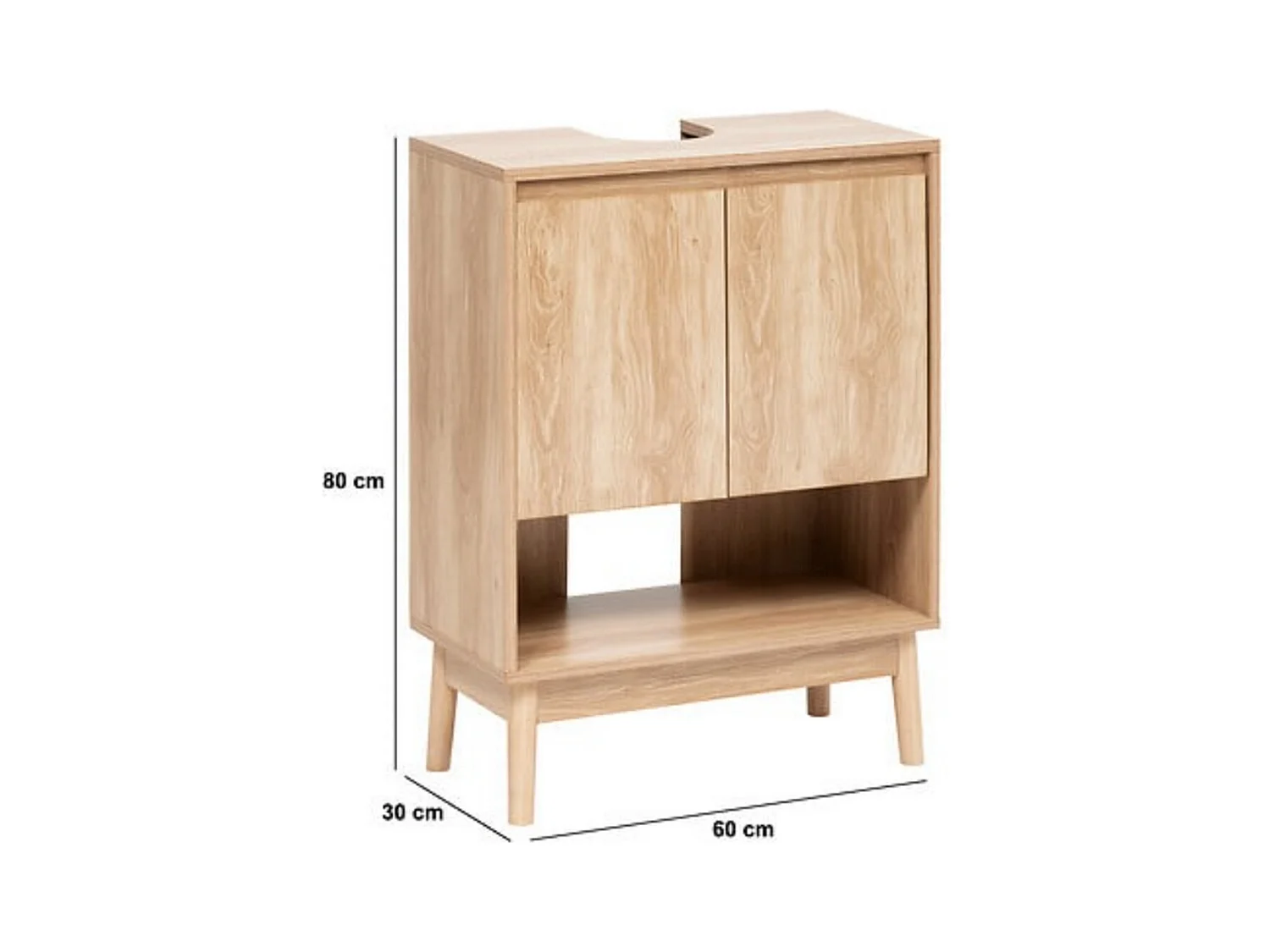 Meuble sous-lavabo SDB 2 portes coloris effet bois clair - Longueur 60 x largeur 30 x Hauteur 80 cm