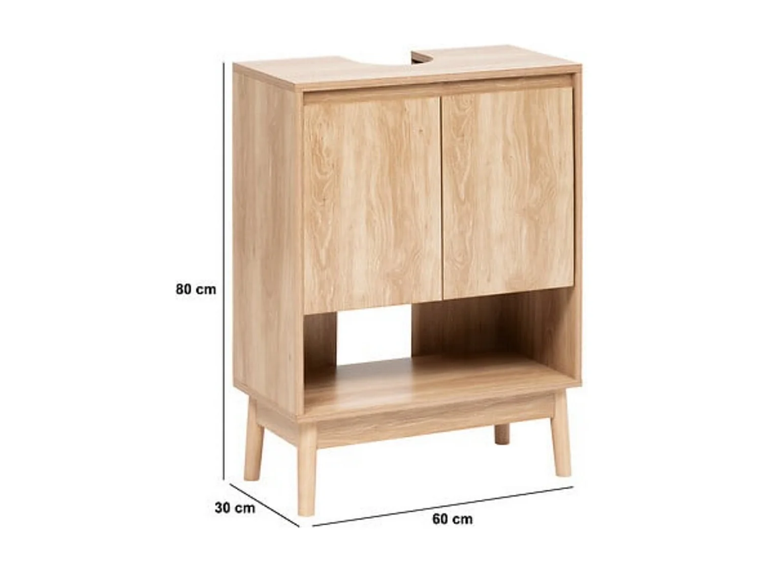 Meuble sous-lavabo SDB 2 portes coloris effet bois clair - Longueur 60 x largeur 30 x Hauteur 80 cm