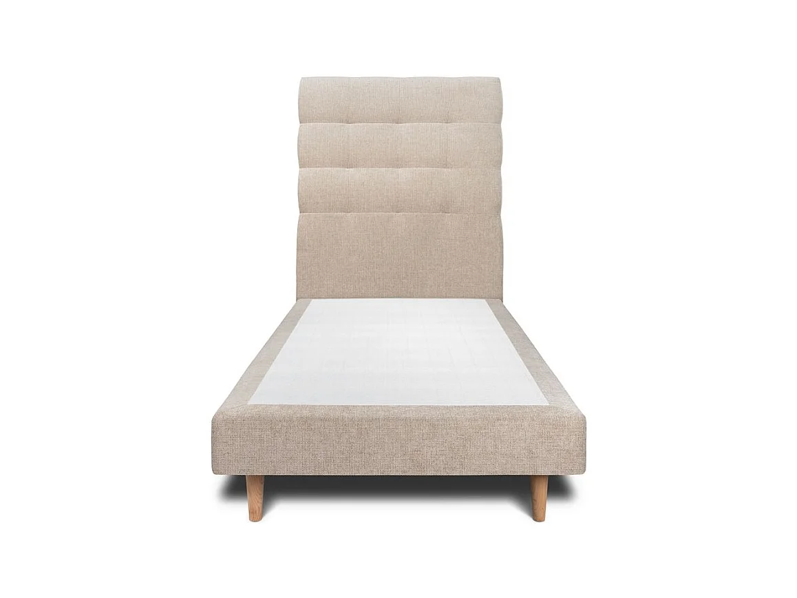 Lit 90x190cm avec tête de lit capitonnée tissu et sommier tapissier beige brun - Hauteur totale : 29cm