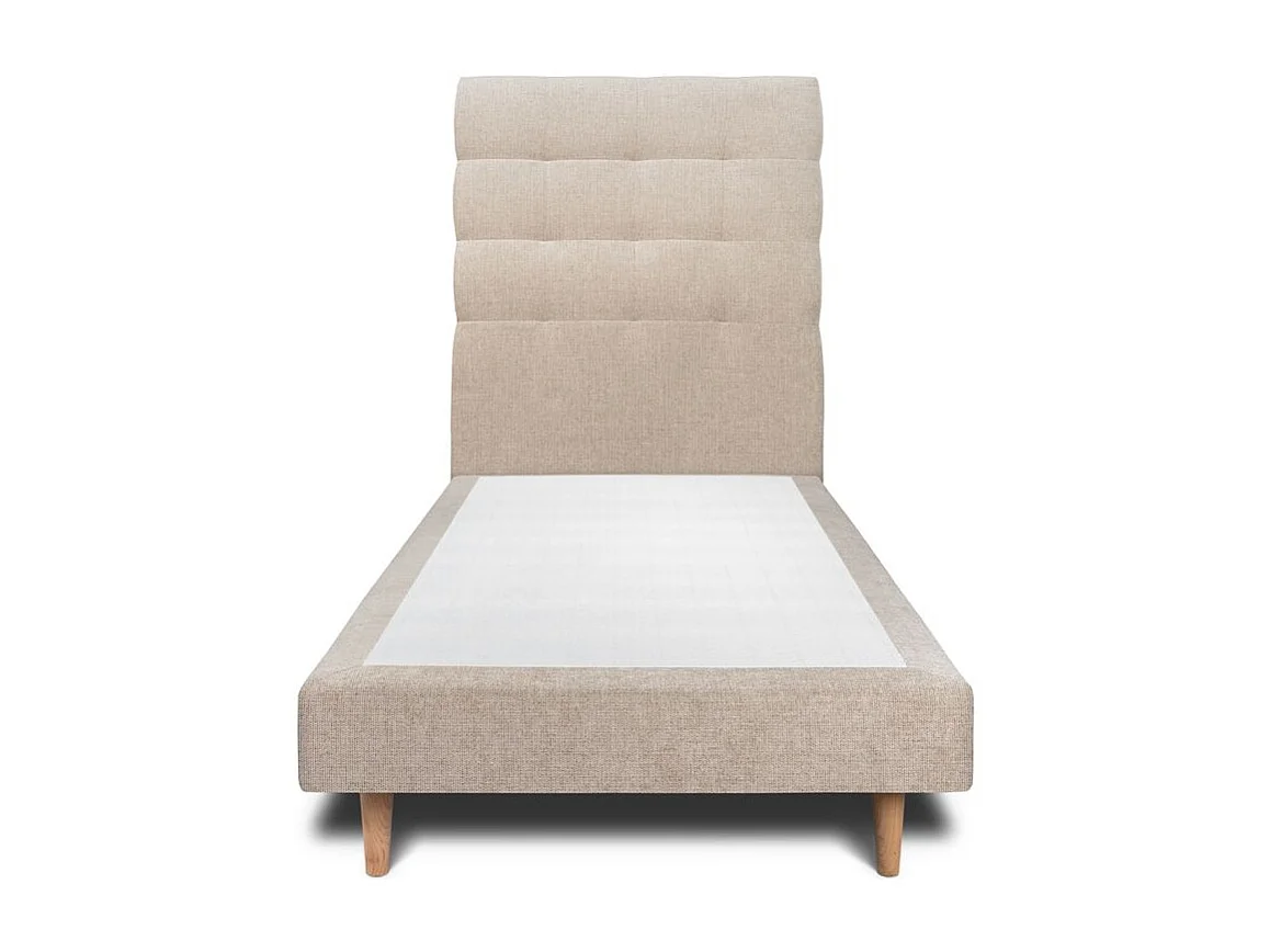 Lit 90x190cm avec tête de lit capitonnée tissu et sommier tapissier beige brun - Hauteur totale : 29cm