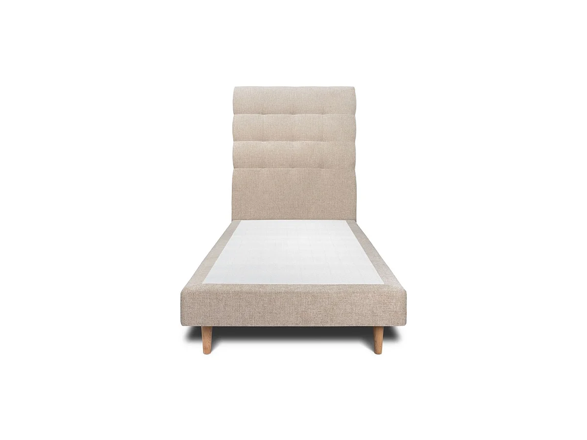 Lit 90x190cm avec tête de lit capitonnée tissu et sommier tapissier beige brun - Hauteur totale : 29cm