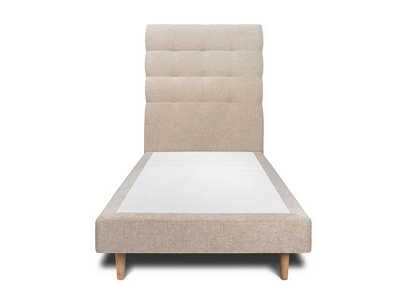 Lit 90x190cm avec tête de lit capitonnée tissu et sommier tapissier beige brun - Hauteur totale : 29cm