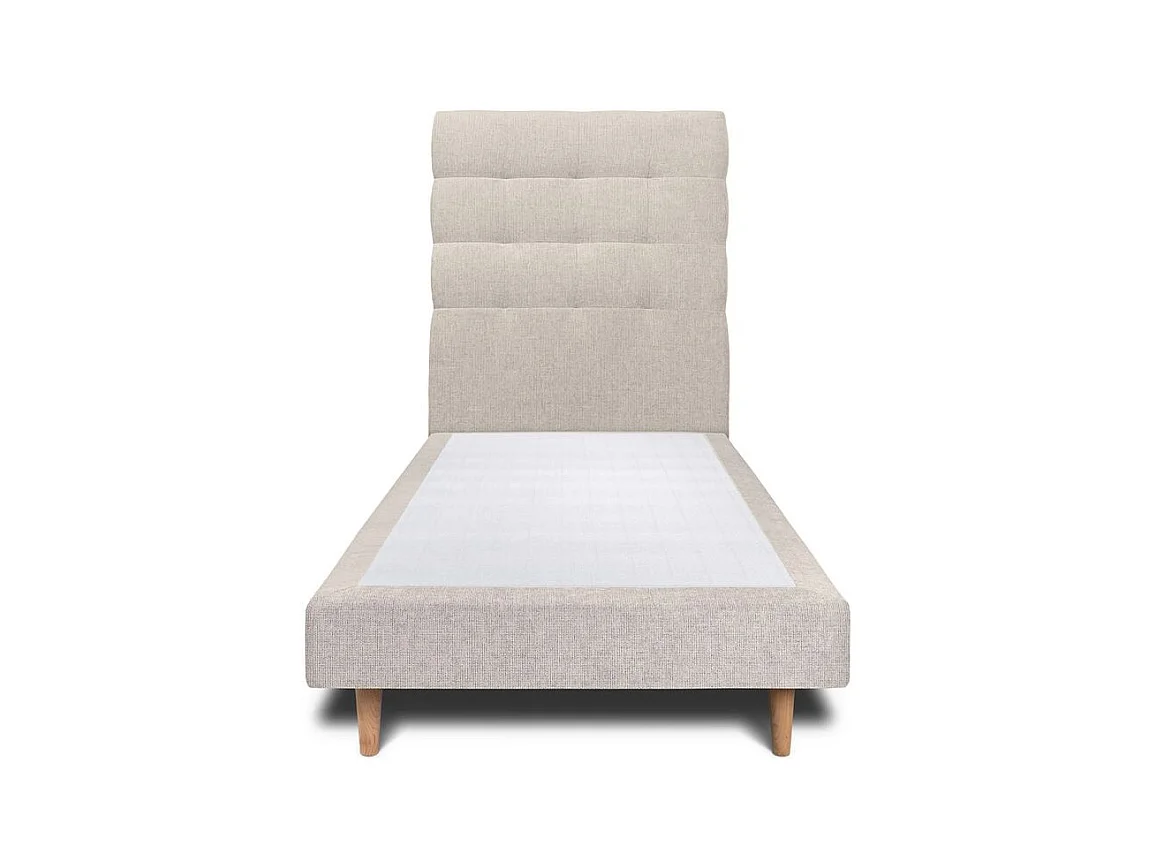 Lit 90x190cm avec tête de lit capitonnée tissu et sommier tapissier Beige clair - Hauteur totale : 29cm