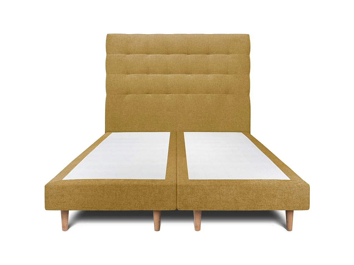 Lit 200x200cm avec tête de lit capitonnée tissu et double sommier tapissier jaune - Hauteur totale : 29cm