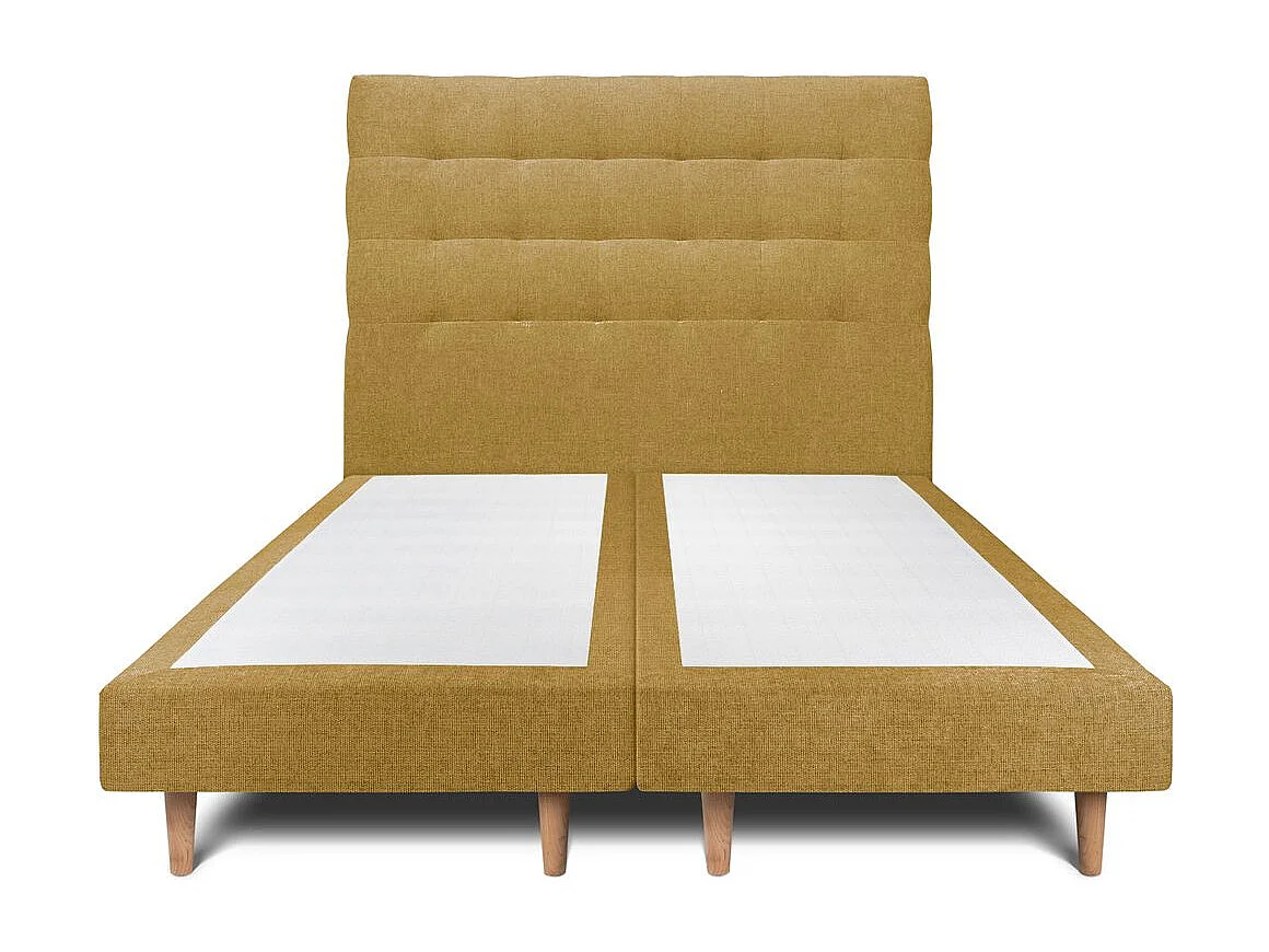 Lit 200x200cm avec tête de lit capitonnée tissu et double sommier tapissier jaune - Hauteur totale : 29cm