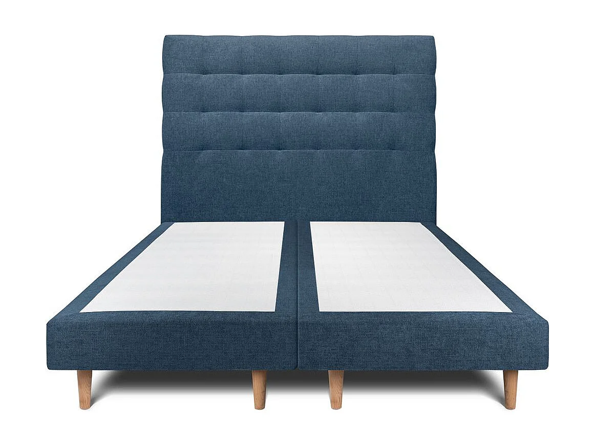Lit 200x200cm avec tête de lit capitonnée tissu et double sommier tapissier bleu - Hauteur totale : 29cm