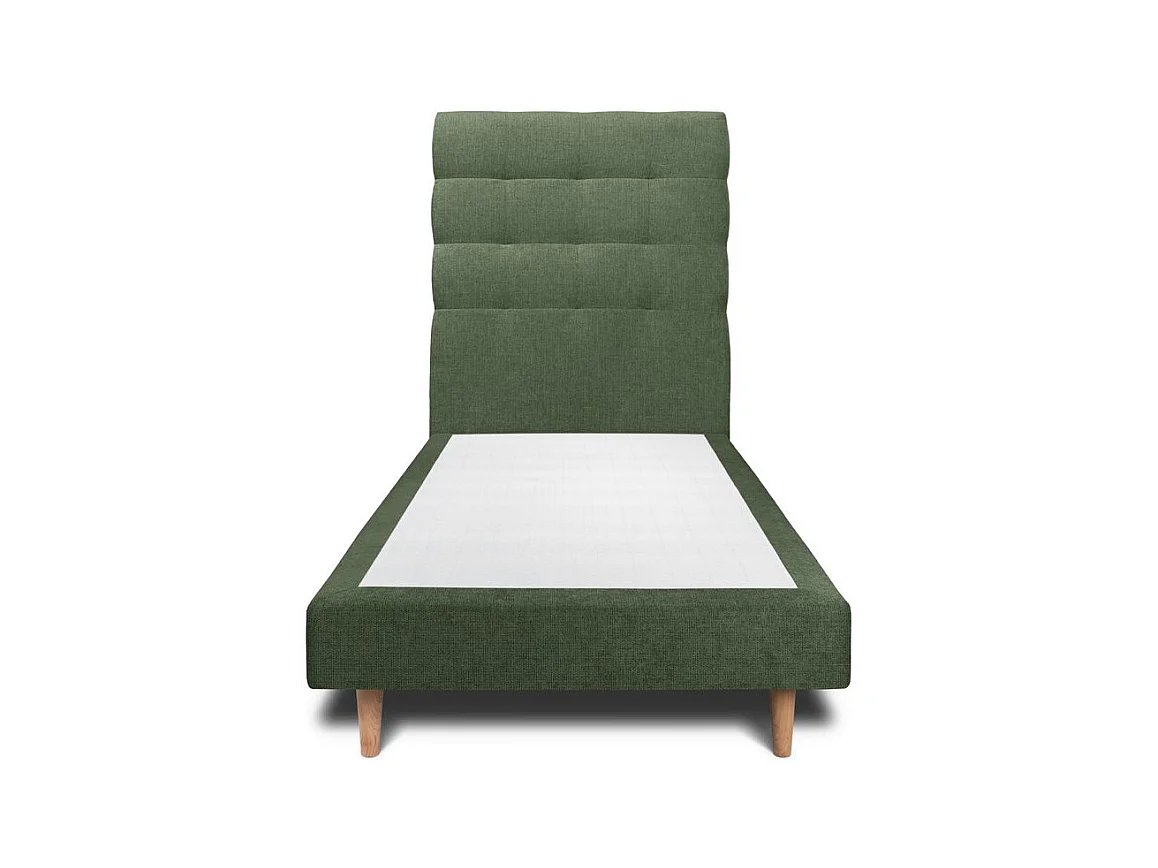 Lit 90x190cm avec tête de lit capitonnée tissu et sommier tapissier vert - Hauteur totale : 29cm