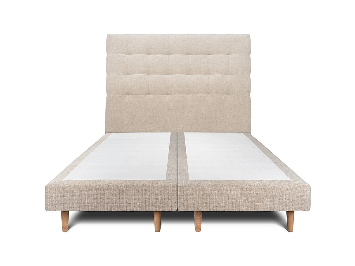 Lit 200x200cm avec tête de lit capitonnée tissu et double sommier tapissier beige brun - Hauteur totale : 29cm