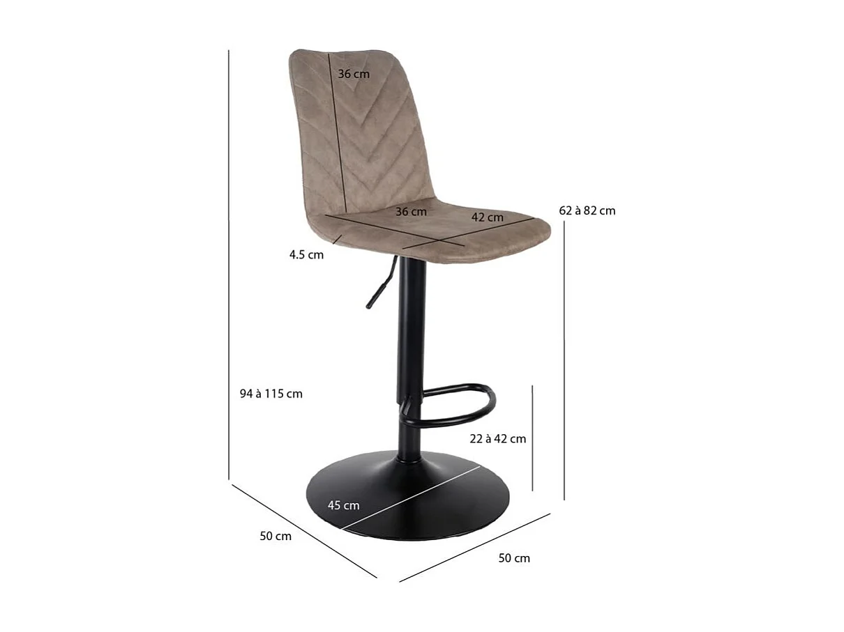 Tabouret de bar réglable en microfibre taupe et pied métal - COBY 2