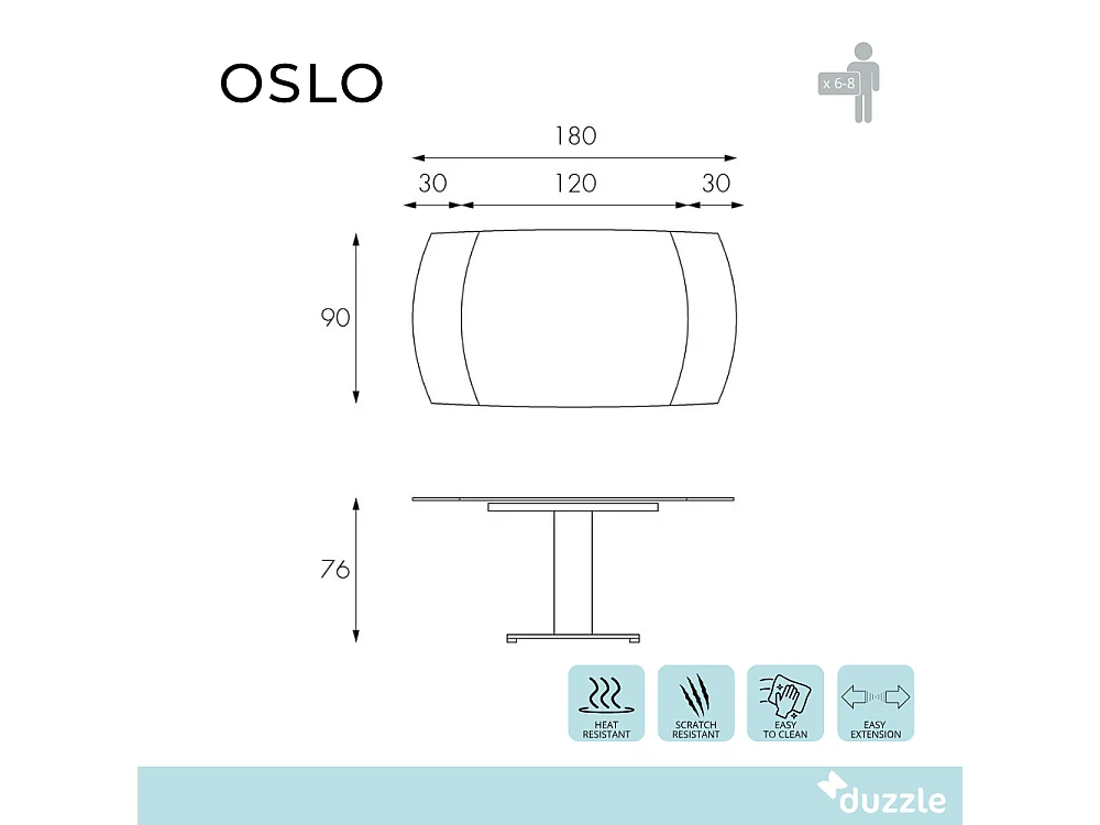 Oslo, Tavolo allungabile con top in vetro temperato Grigio (90cm X 120/180cm H. 76cm)