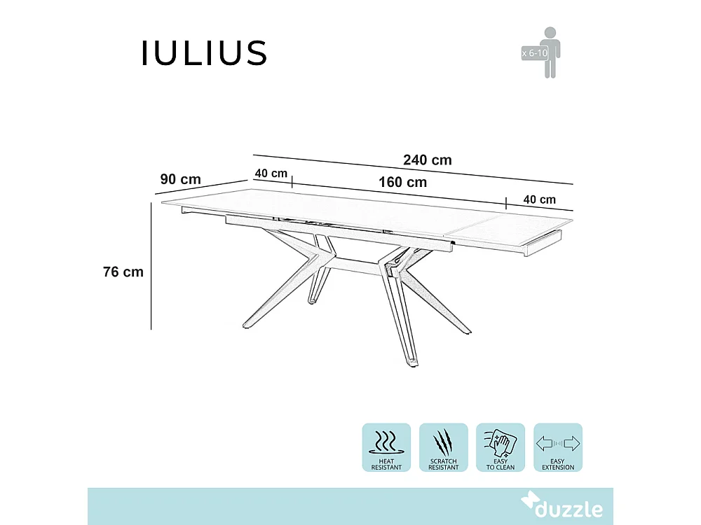 Tavolo da pranzo allungabile in ceramica grigio vintage Iulius 160-240x90 cm fino a 10 posti | Duzzle