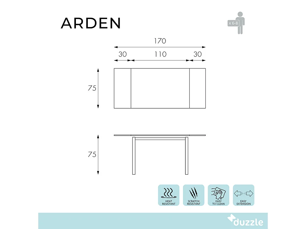 Tavolo da pranzo allungabile in vetro temperato bianco Arden 110-170x75 cm fino a 8 posti | Duzzle