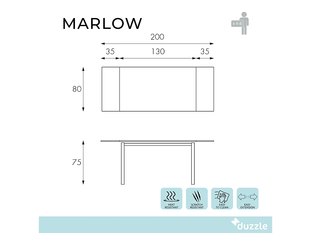 Tavolo da pranzo allungabile in vetro temperato cappuccino Marlow 130-200x80 cm fino a 8 posti | Duzzle