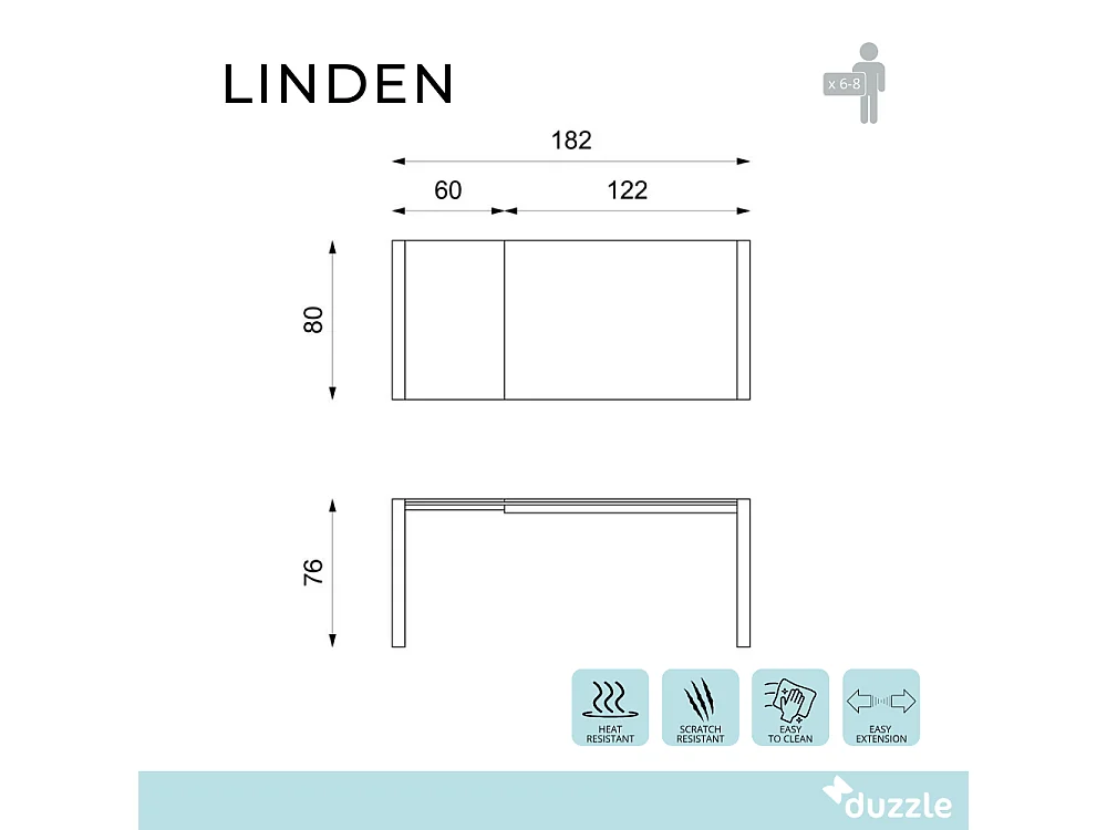 Linden,  Tavolo allungabile con top in vetro temperato Grigio (80cm X 122/182cm H. 76cm)