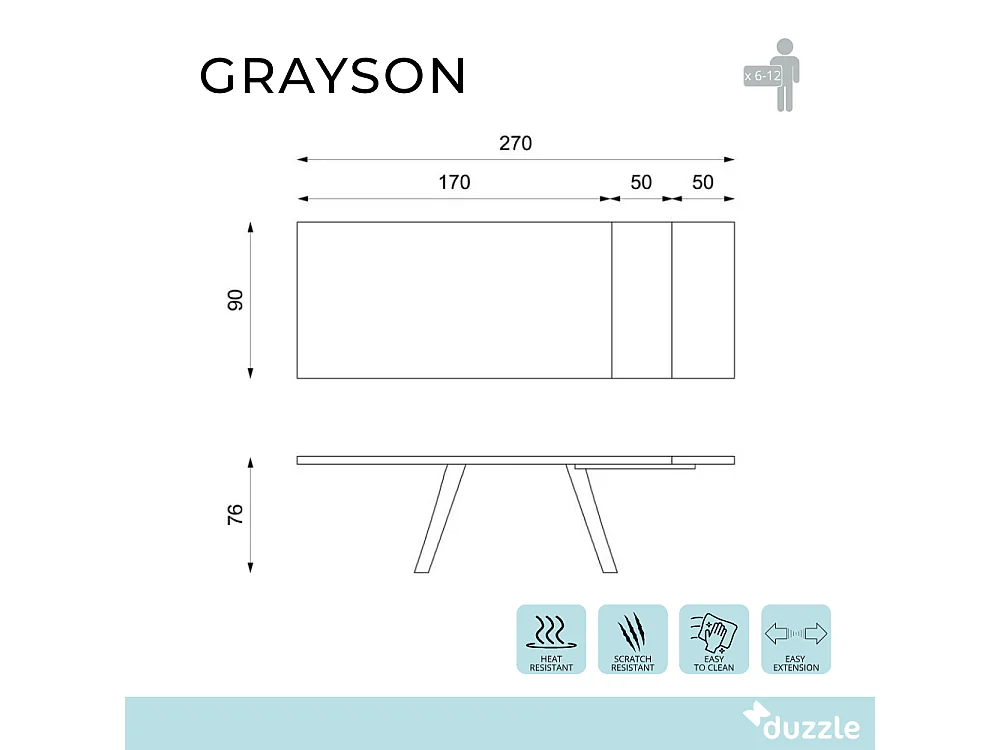 Tavolo da pranzo allungabile in HPL effetto marmo nero Grayson 170-270x90 cm fino a 12 posti Made in Italy | Duzzle