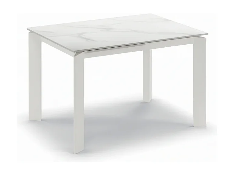 Mesa de comedor extensible con efecto mármol blanco en cerámica Task 120-170x80 cm hasta 8 plazas, estructura metálica blanca
