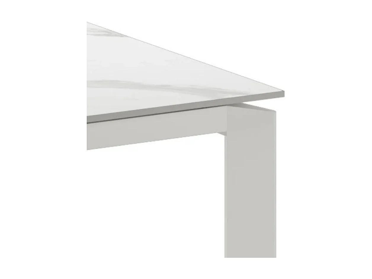 Mesa de comedor extensible con efecto mármol blanco en cerámica Task 120-170x80 cm hasta 8 plazas, estructura metálica blanca