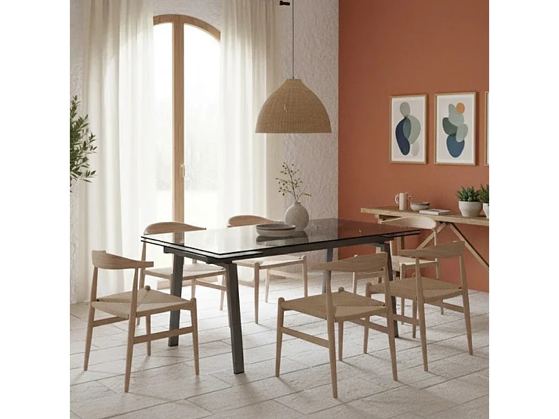 Tavolo da pranzo allungabile in vetro temperato con gambe grige Jackson 140-200x80 cm fino a 8 posti | Duzzle