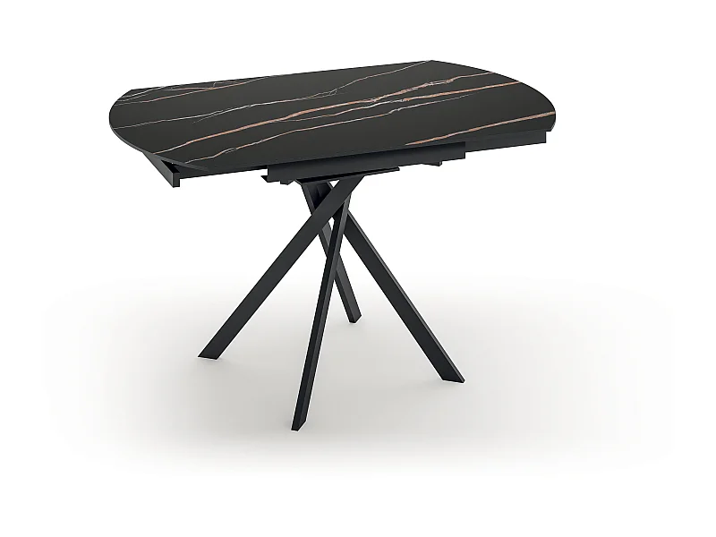 Drift,  Tavolo allungabile con top in ceramica con gambe in metallo verniciato. Allunghe interne in ceramica. (120cm X 80-120cm H. 76cm)| Duzzle