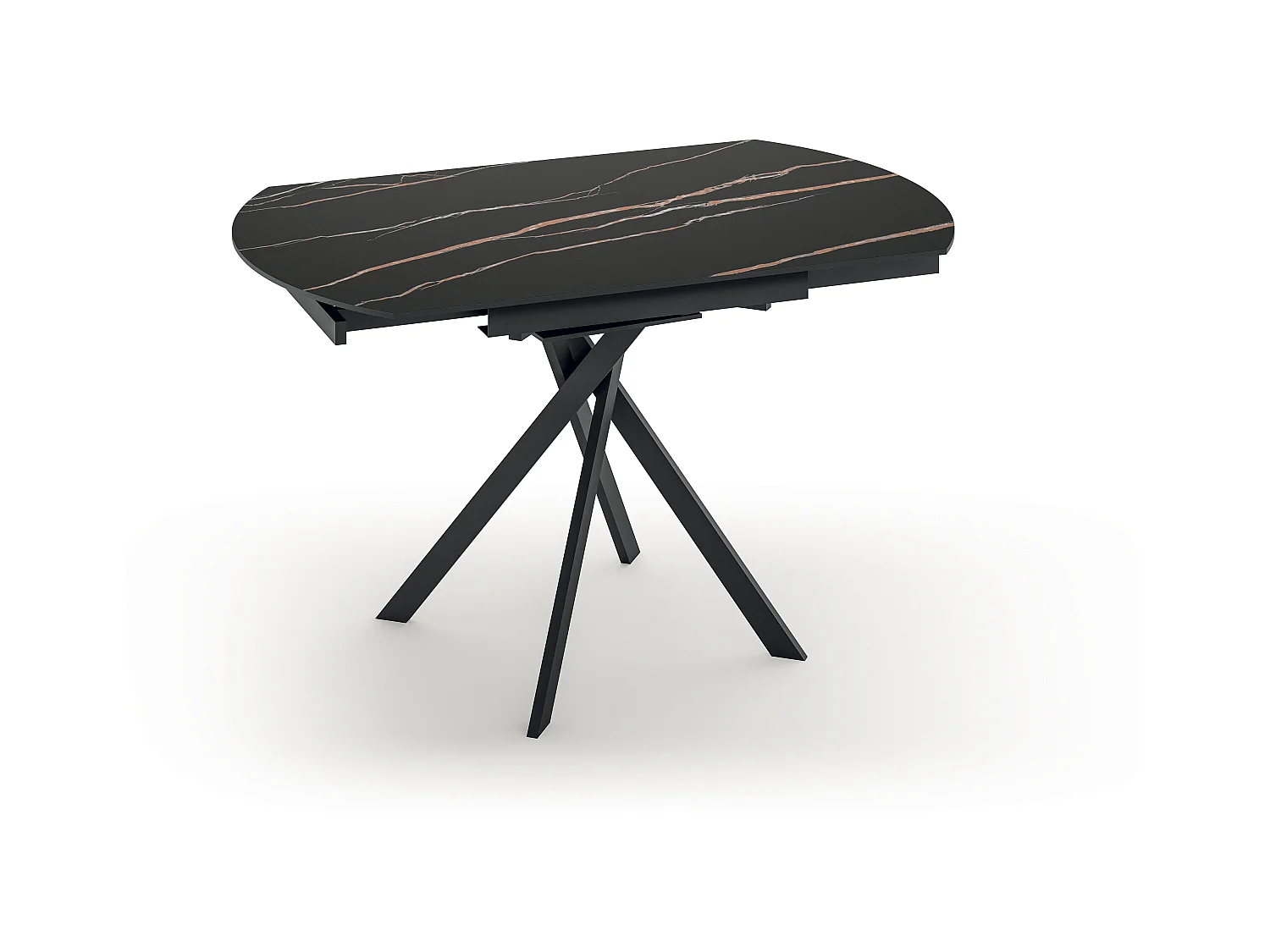 Drift,  Tavolo allungabile con top in ceramica con gambe in metallo verniciato. Allunghe interne in ceramica. (120cm X 80-120cm H. 76cm)| Duzzle