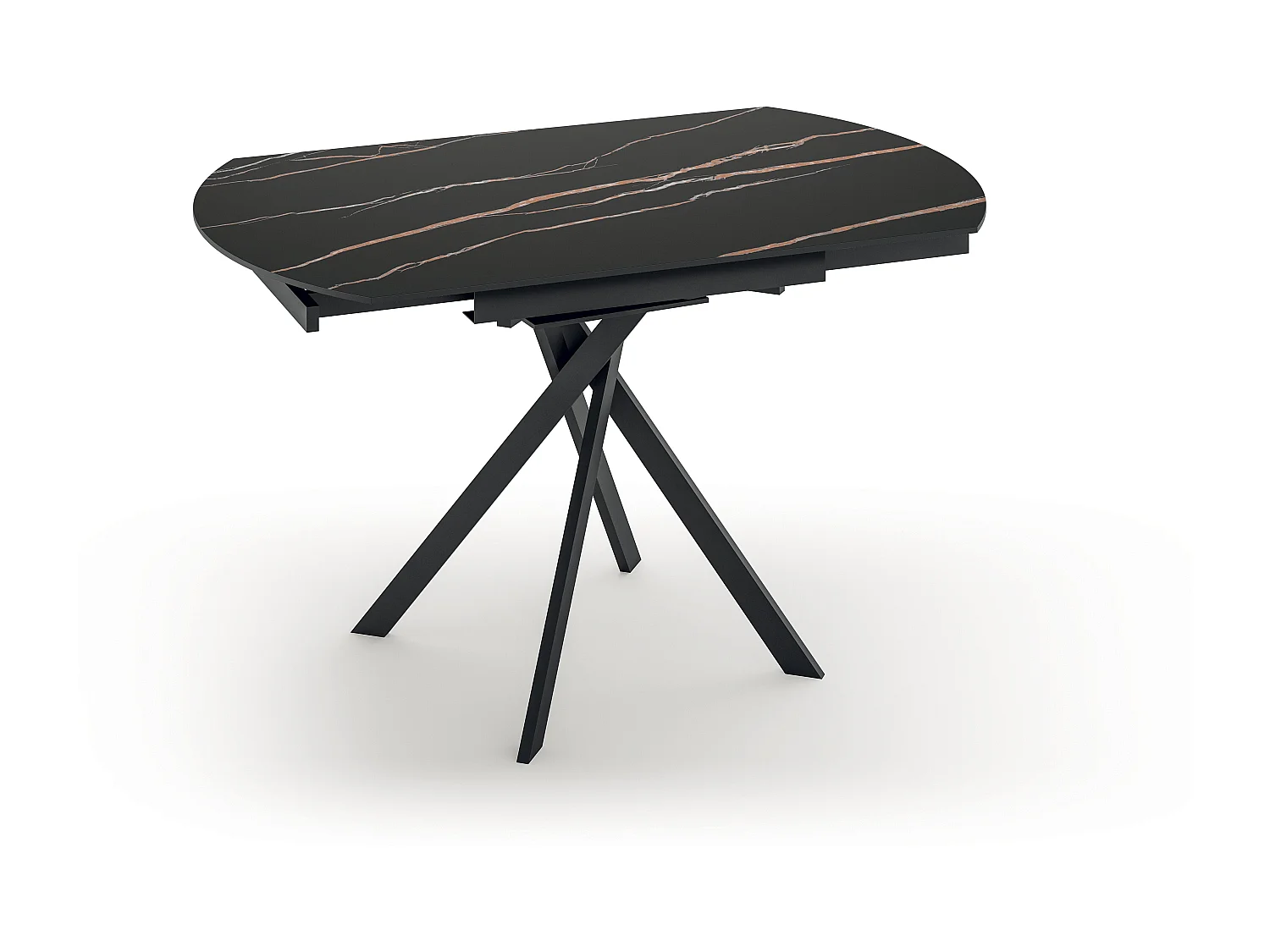 Drift,  Tavolo allungabile con top in ceramica con gambe in metallo verniciato. Allunghe interne in ceramica. (120cm X 80-120cm H. 76cm)| Duzzle