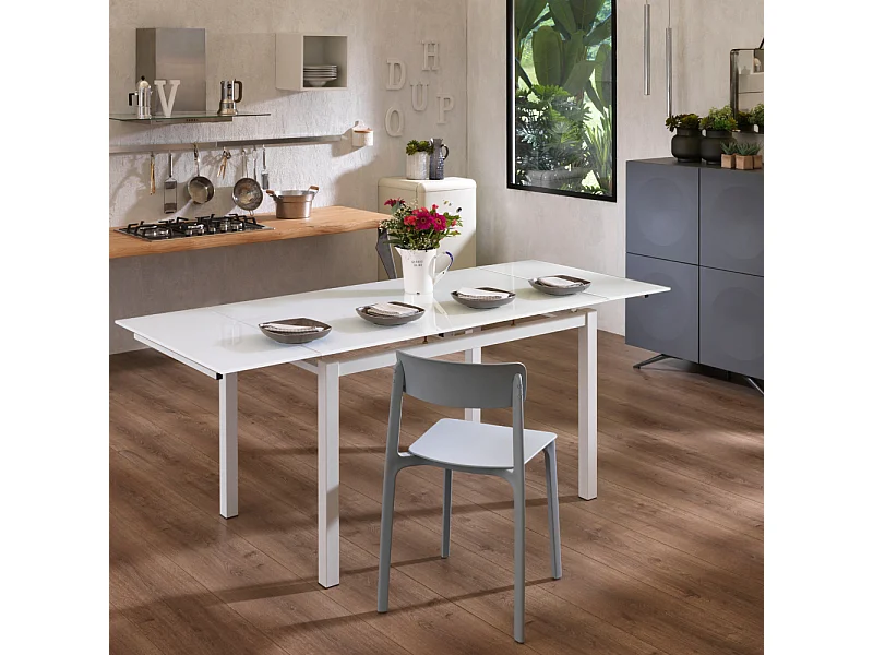 Marlow, Tavolo allungabile con top in vetro temperato Bianco (80cm X 130/200cm H. 75cm)