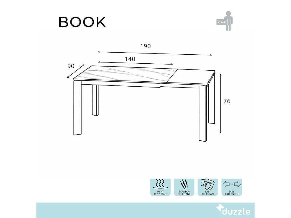Book, Tavolo allungabile con top in ceramica Marmo bianco (90cm X 140 /190cm H. 76cm)| Duzzle