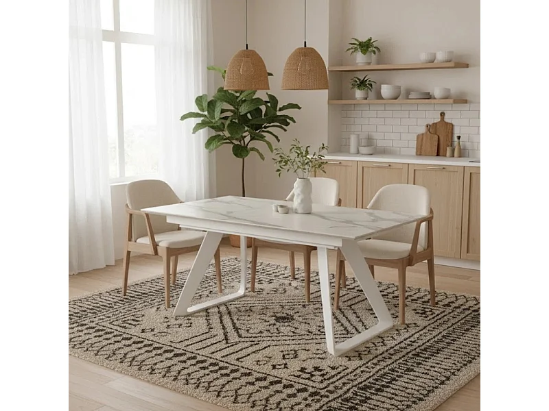 Grayson, Tavolo allungabile con top in HPL su MDF Marmo bianco (90cm X 170/270cm H. 76cm)