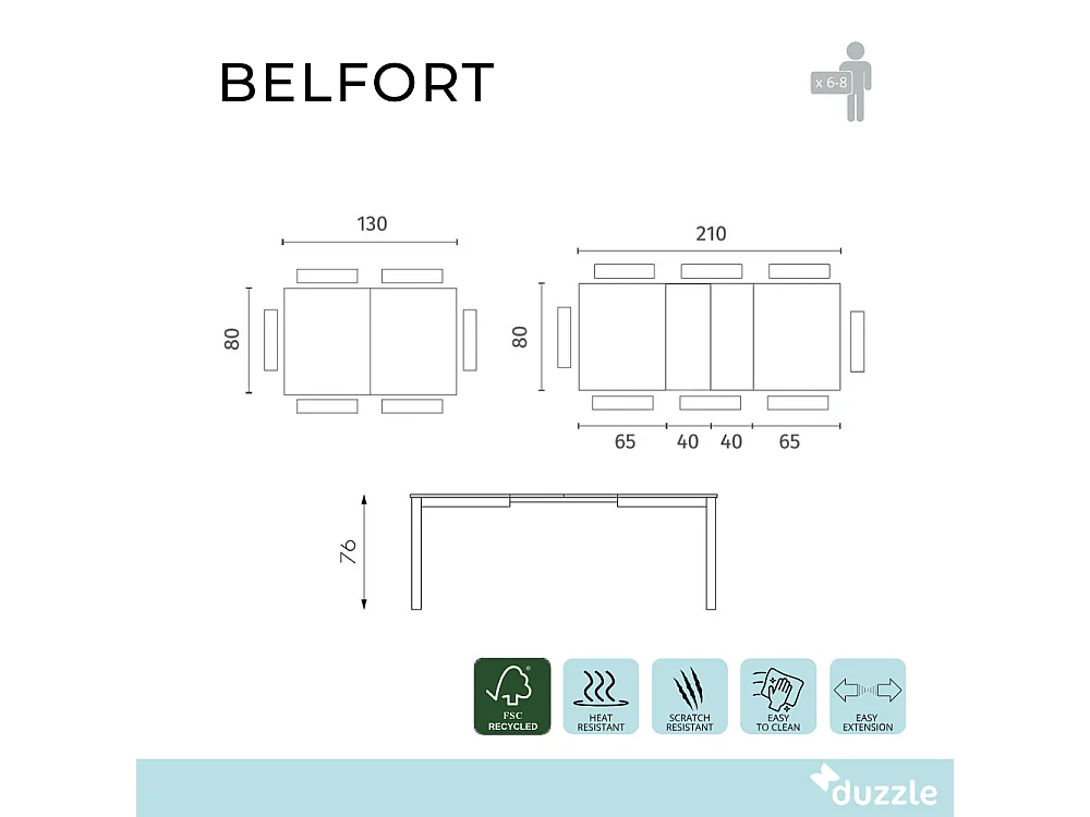 Tavolo da pranzo allungabile tortora Belfort 130-210x80 cm fino a 8 posti Made in Italy | Duzzle